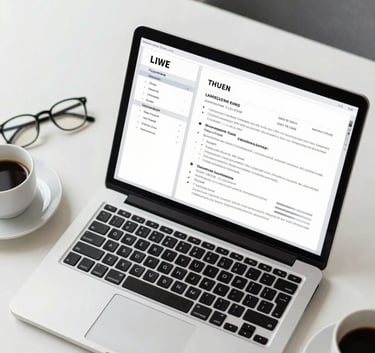 Top-down view of an open laptop on a clean white desk in a French apartment office, a pair of glasses and a cup of coffee nearby, showing a clean resume layout on the screen, bright and airy lighting.
