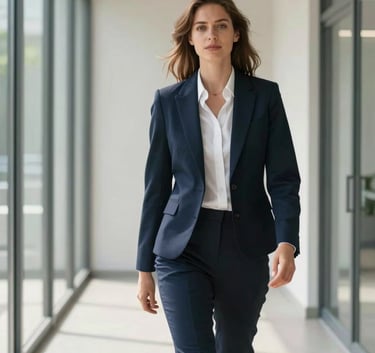 A confident professional in European business attire walking through a bright, minimalist glass hallway, natural light, empowering and professional tone, soft navy blue accents.