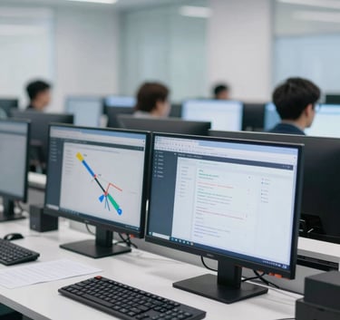 A professional dispatch center environment with clean white desks and high-definition monitors displaying logistics software and traffic data, bright and modern lighting, reflecting efficiency and precision.