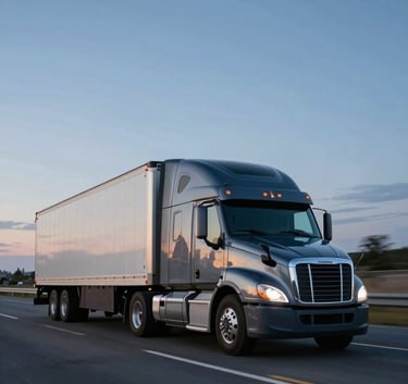 A sleek, modern semi-truck moving swiftly on an open American highway during the blue hour, cinematic lighting, sharp focus on the truck with a slight motion blur in the background, professional and reliable vibe using #0F1C36 tones.