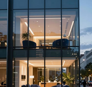 Cinematic photography of a modern glass-walled office in a Western European city during the blue hour. The interior is lit with warm, sophisticated lights reflecting off navy blue furniture and steel blue decor, creating an innovative and professional atmosphere.