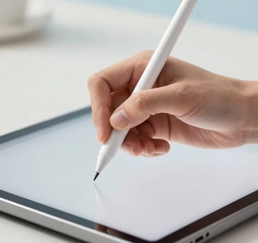 A close-up photograph of a designer's hand using a high-tech stylus on a tablet in a bright, clean North American studio. The color palette features light blue and off white, emphasizing a clean and innovative design process.