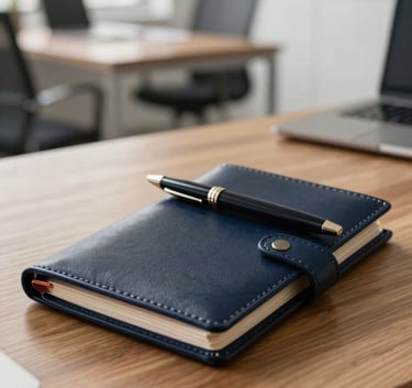 A close-up of a professional wooden desk with a leather portfolio and high-end pen, with a blurred background of a modern office in Dark Navy and Soft Off-white tones.