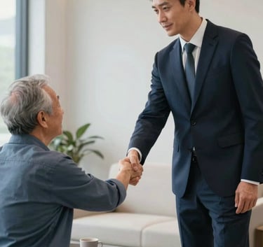 A medium shot of a professional consultant in a Dark Navy Blue suit shaking hands with an elderly client in a modern office with Steel Blue and Soft Off-white furniture.
