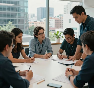 A photography of a group of diverse professionals in a collaborative workshop setting in a modern city like Mexico City or Bogota. Latin American / General Spanish-speaking individuals engaged in active learning. Soft daylight, palette dominated by Teal and Off-white.