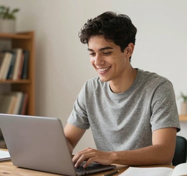 A bright, motivating photography of a young adult smiling while studying at a laptop in a cozy home office. Latin American / General Spanish-speaking context. The composition is clean with a blurred background showing bookshelves and Off-white walls.