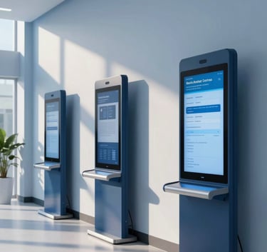 A clean, modern North American healthcare facility lobby with soft morning light, featuring sleek digital touchscreens and minimalist architecture in shades of alice blue and deep blue.