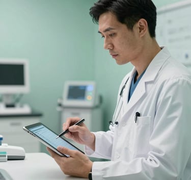 A professional North American healthcare provider in a modern clinic environment using a sleek tablet device to review patient data, natural bright light, sophisticated medical setting with seafoam green accents.