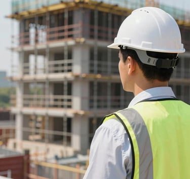 A professional engineer wearing a white safety helmet looking at a construction site with organized scaffolding, bright day lighting.