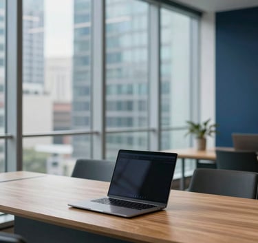 A professional and modern North American office interior with expansive glass windows and a minimalist wooden desk holding a high-end laptop, bathed in natural light with soft steel blue and deep navy accents in the decor.