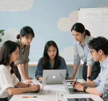 A creative team of professionals collaborating in a bright, modern North American design studio, focused on a project brainstorming session, sky blue and soft cloud color palette, clean and professional atmosphere.