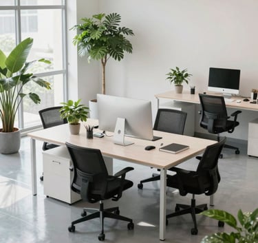 A clean, minimalist high-angle shot of a bright Central European / French office space with polished floors reflecting light and Sage Green indoor plants, emphasizing a professional and healthy workspace atmosphere.