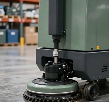 A close-up of a high-tech industrial floor cleaning machine operated by a professional in a large Central European / French warehouse, with clear reflections on the polished concrete floor, Sage Green accents.