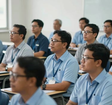 A group of Southeast Asian / Indonesian academics attending a workshop, showing engagement and collaboration, bright academic hall setting, professional attire, soft lighting, incorporating Powder Blue tones.