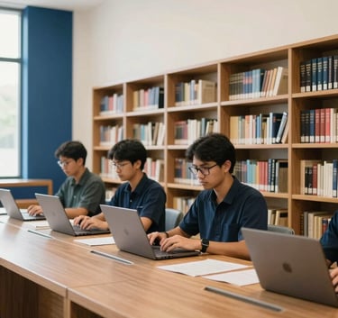 A clean and professional library setting in Indonesia, featuring minimalist wooden shelves and academics working on laptops, bright natural light, Soft Mint Cream walls with Navy Blue accents, photography style.