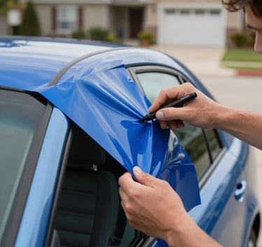 A detailed shot of a person's hands applying a glossy blue vinyl decal to a clean vehicle window, capturing the precision and durability of the material, North American suburban driveway.