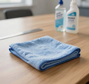 Close up of a professional microfiber cleaning cloth and specialized non-toxic cleaning agents on a clean wooden conference table in a bright North American office.