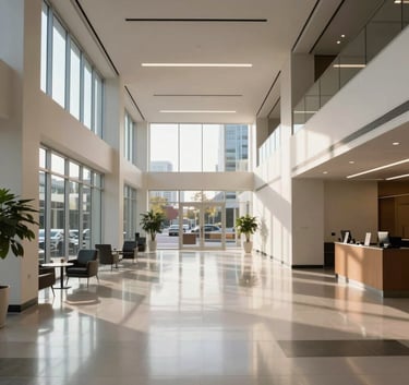 A wide angle interior shot of a pristine, brightly lit North American office lobby in Long Island City with high ceilings and polished floors reflecting the afternoon sun.