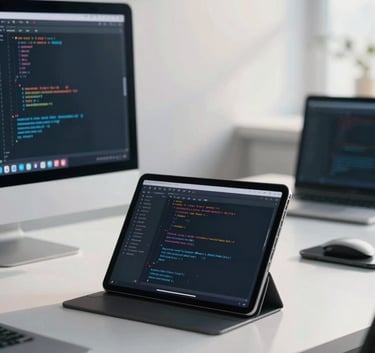 A modern Global / International tech workspace with a clean desk, a tablet showing code, and soft morning light, incorporating misty white and muted steel blue tones.