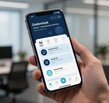 A sleek Android smartphone held by a professional in a modern Global / International office, displaying a secure app interface with soft arctic blue and deep charcoal navy highlights.
