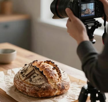 A professional content creator using a camera on a tripod to photograph a rustic sourdough loaf on a crisp parchment surface with soft morning light.
