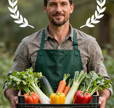 A warm, authentic portrait of a local farmer in a matte forest green apron holding a crate of fresh, vibrant vegetables.