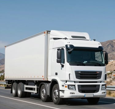 A modern white semi-truck with a clean design driving on a scenic Chilean highway under a clear sky, professional corporate photography style incorporating #F2F5F7 and #3A5F70.