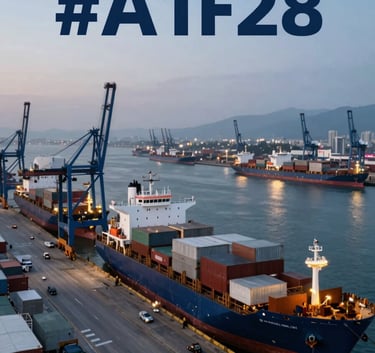 Aerial view of a busy Chilean shipping port at dusk, featuring cargo ships and cranes, with lighting reflecting the professional #0A1F28 and #3A5F70 brand colors.