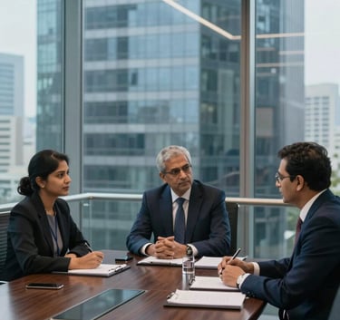 A sophisticated corporate boardroom in a Gurugram high-rise with glass walls and professional decor in dark navy and steel blue. A focused atmosphere representing expert guidance. South Asian / Indian setting.