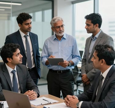 A team of South Asian / Indian Chartered Accountants and legal professionals in professional attire discussing business strategy in a well-lit, technology-driven office in Bangalore.