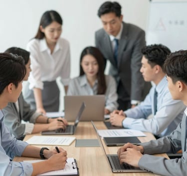 A group of focused professionals in a meeting room with a clean, innovative atmosphere, discussing business management strategies. The composition is supportive and professional, reflecting the brand's reliability.