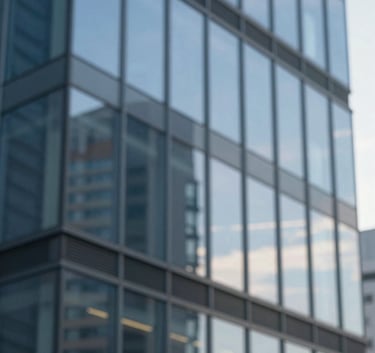 A modern office building with glass windows reflecting the sky, symbolizing corporate growth and transparency. The lighting is bright and professional, utilizing the brand's color palette for a strategic mood.