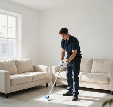 Photography of a pristine, modern North American living room with cream-colored sofas and white walls, filled with soft morning sunlight, showcasing a professional cleaning service result.