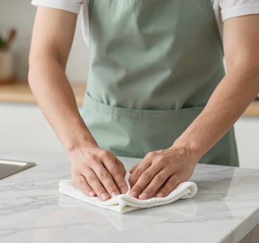 Close-up photography of a professional cleaning person in the US wearing a sage green apron, carefully wiping a marble countertop with a white cloth in a bright, modern kitchen.