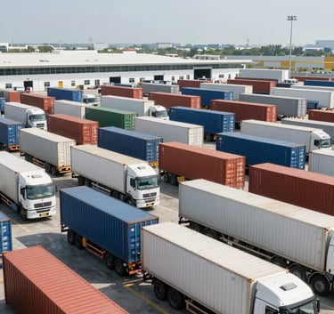 A vast, modern logistics and distribution center in North America with organized shipping containers and sleek transport trucks, captured in clean, bright daylight to represent efficiency.