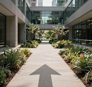 A conceptual, professional photograph of a sunlit pathway through a modern corporate courtyard in a North American city, symbolizing a clear and honest direction in business.