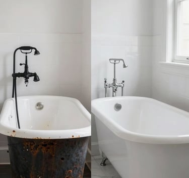 Side-by-side comparison of a rusted old bathtub and a gleaming white restored tub in a brightly lit New York City bathroom, professional architectural photography, minimalist style, white and black tones.