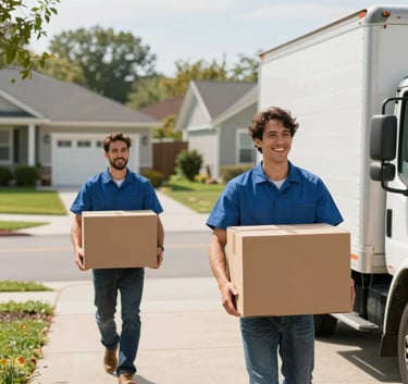 Professional photography of two friendly moving experts carrying a cardboard box toward a white truck in a bright North American suburban neighborhood driveway during the day.