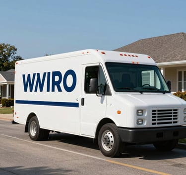 A clean, modern white moving truck with navy blue branding parked on a quiet residential street in Omaha, Nebraska, under a clear blue sky.
