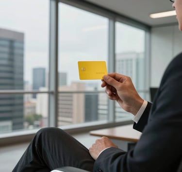 A person in professional attire sitting in a modern office with glass windows, holding a minimalist yellow credit card, South American / Brazilian business district view, sophisticated lighting.