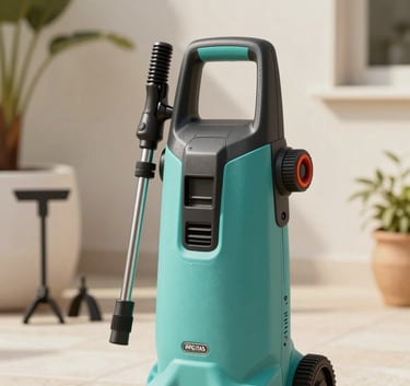 Close-up photography of a professional pressure washer and gardening tools neatly arranged in a modern Brazilian garden, bright sunlight, clean and inviting atmosphere, incorporating muted teal and off-white tones.