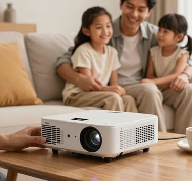 A South American family setting in a modern living room, with a person setting up a rented high-quality projector for a movie night, warm and trustworthy mood, realistic photography with soft shadows.