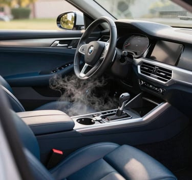 An interior shot of a high-end car cabin being steam cleaned, focusing on the leather seats and dashboard, bright natural light, professional detailing tools visible, Yankee Blue and Platinum accents, North American / US context.