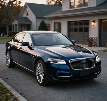A cinematic shot of a dark luxury sedan reflecting the sunset in a clean, modern driveway in Lebanon, New Hampshire, North American architecture in the background, sharp focus on the glossy paint finish, Oxford Blue and Silver Lake Blue color palette.