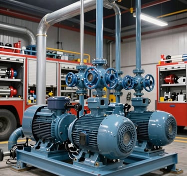 Wide shot of a modern fire pump room with dual electric motor pumps, organized piping systems in soft steel blue, and high-quality industrial lighting.