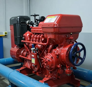 A professional shot of a large industrial red diesel fire pump engine installed in a mechanical room, featuring pipes in soft steel blue and clean pale frost walls.