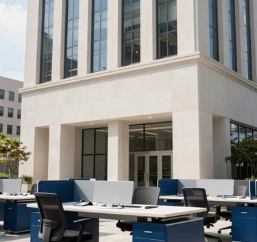 A bright, modern corporate office in a North American skyscraper with clean lines and off-white and deep blue furniture, emphasizing a professional tech mood.