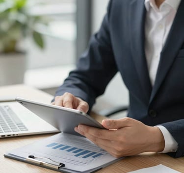 Professional person in business attire sitting in a brightly lit North American office, reviewing financial documents on a tablet.