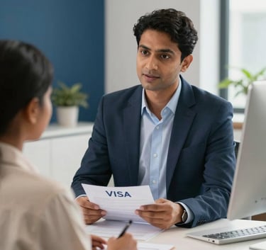 A South Asian / Indian education consultant in professional attire explaining visa procedures to a student in a bright office decorated with deep blue and off-white accents.