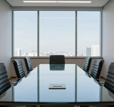 A bright, clean photography of a professional meeting room in a Brazilian business hub, a polished glass table reflecting the blue sky, minimalist and secure atmosphere.